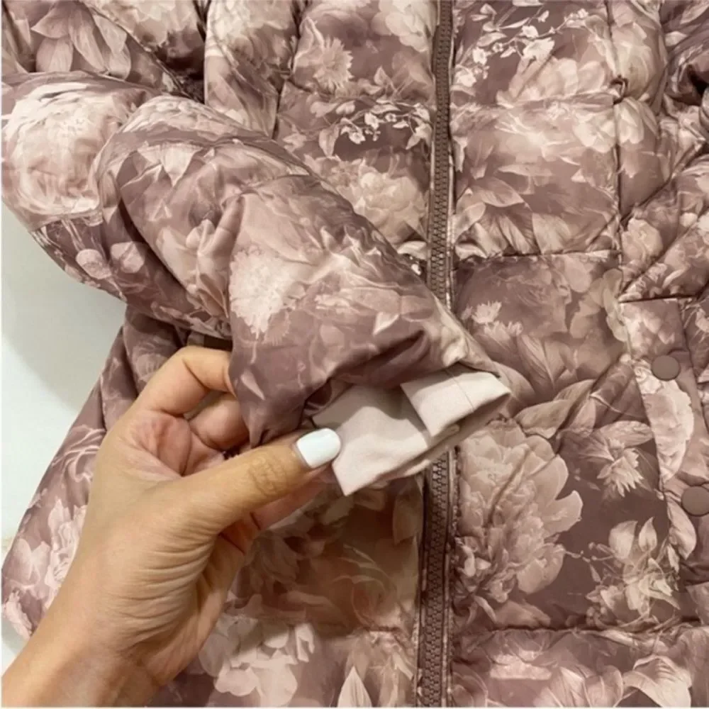 Athleta Downtown Printed Jacket in Antoinette Floral Pink Down Coat